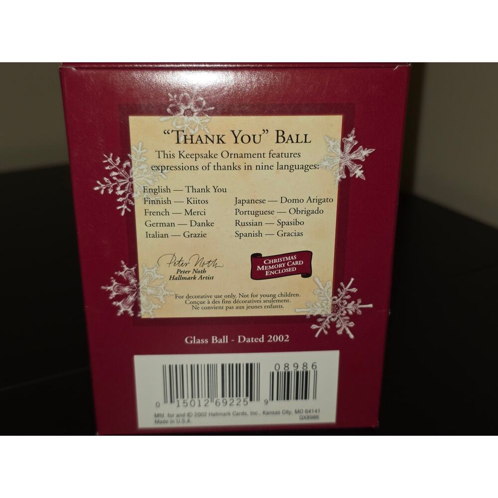 Vintage 2002 Hallmark Christmas Thank You Ball Ornament Keepsake - 9 Languages - Picture 2 of 3